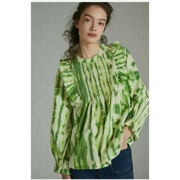 Anthropologie || Samant Chauhan Emilia Ruffled Tie-Dye Blouse Green XS