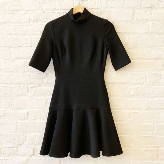 Black Halo || Reeder Mock Neck Drop Waist Mini Dress Fit + Flare Ribbed Black 0