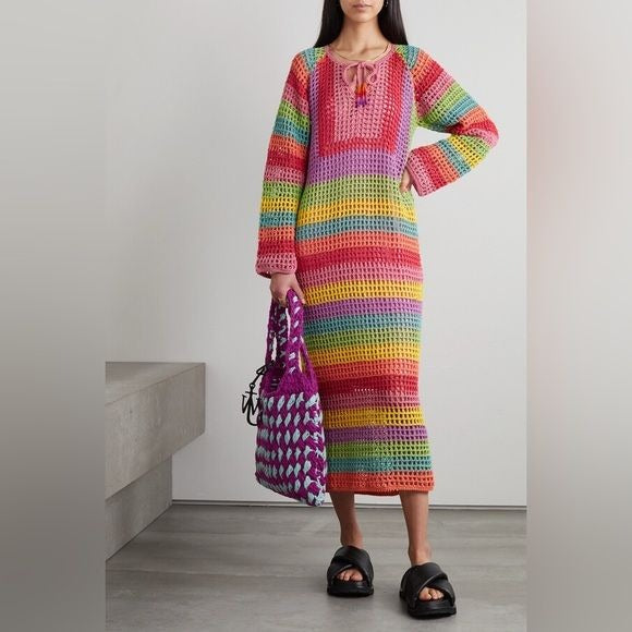 FARM Rio || Striped Crocheted Cotton Midi Dress w/ Slip Tassels Rainbow S NWT