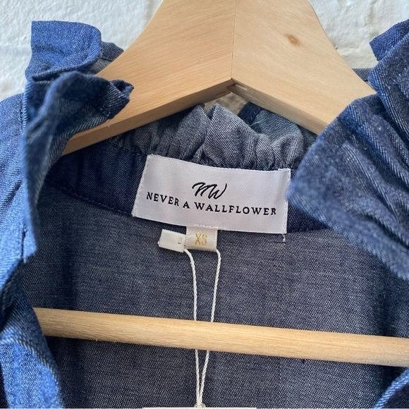 Never a Wallflower || Vicki Top Dark Denim Chambray Blue High Ruffle Neck XS NWT