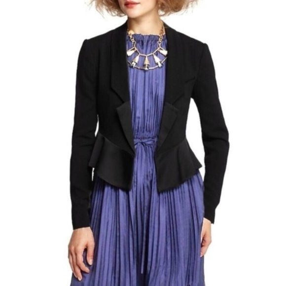 Anthropologie || Leifsdottir Cropped Tuxedo Jacket Peplum Blazer Satin Black 0