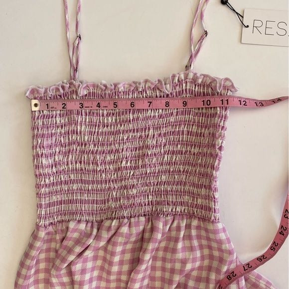 RESA || Ashley Smocked Midi Dress Slit in Montauk Purple Gingham Small NWT