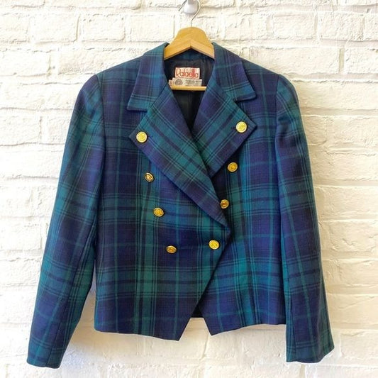 Vintage || Blackwatch Tartan Plaid Double Breasted Wool Blazer Gold Button 12 P