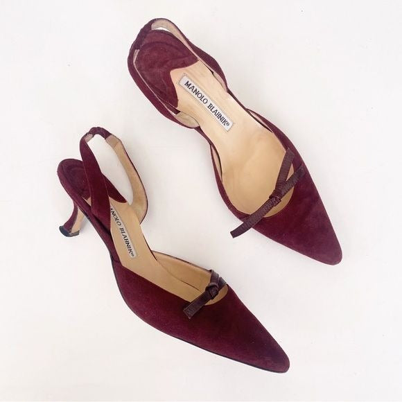 Manolo Blahnik || Slingback Kitten Heels Mules Suede Bow Burgundy Wine Red 37.5