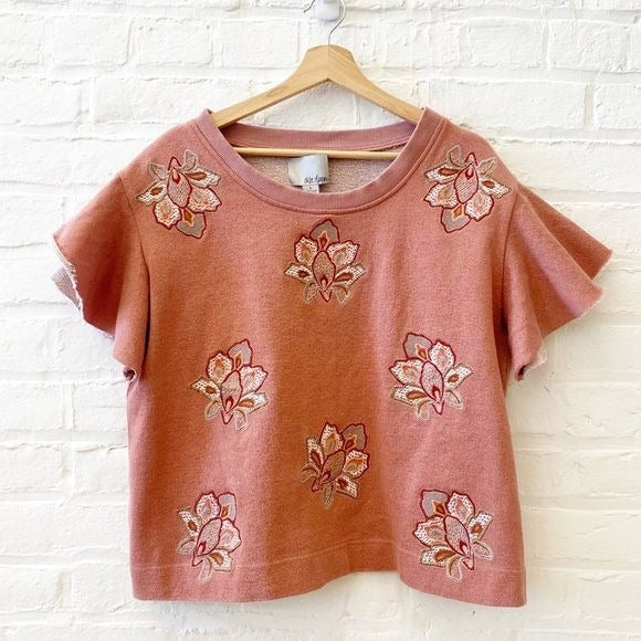 Anthropologie || Chloe Oliver Embroidered Padma Pullover Flutter Floral Pink L