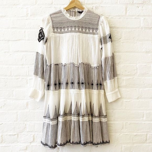 Zara || Embroidered Tiered High Neck Mini Dress Alexis Rose Black White XS