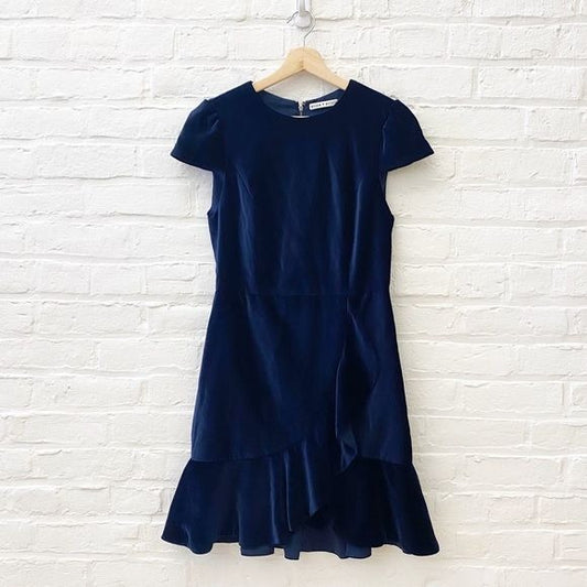 Alice + Olivia || Enid Velvet Mini Dress Ruffle Navy Blue 6