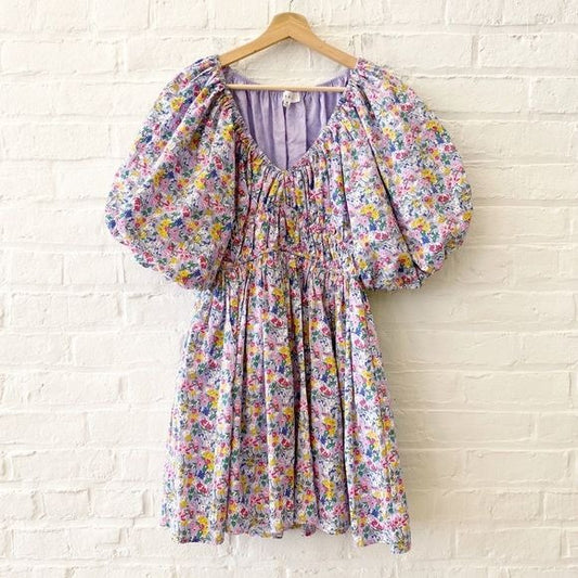 Mable || Puff Sleeve Mini Dress V-Neck Floral Lavender Medium