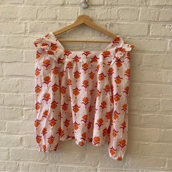 J. Crew || Squareneck Ruffle Top Floral Block Print Orange Pink Cotton Medium