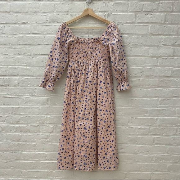 English Factory || Smocked Floral Cotton Midi Dress Pink Blue XS