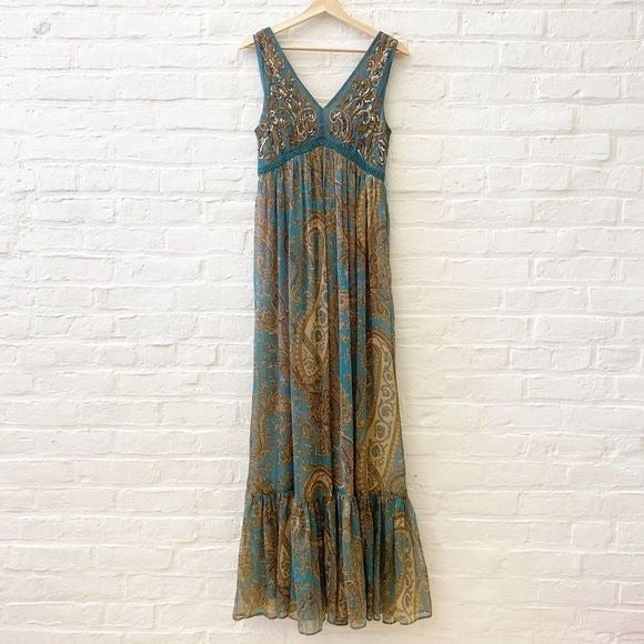 Anthropologie || Ranna Gill Beaded Sequin Paisley Maxi Dress Gown Teal Gold 0