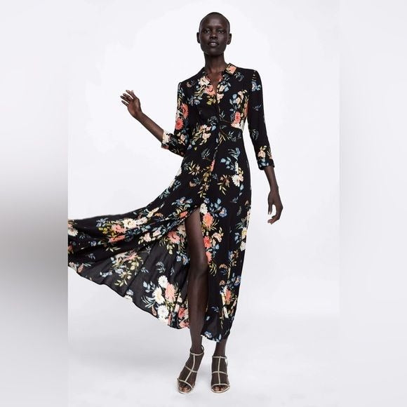 Zara || Long Floral Print Shirt Dress Black Small