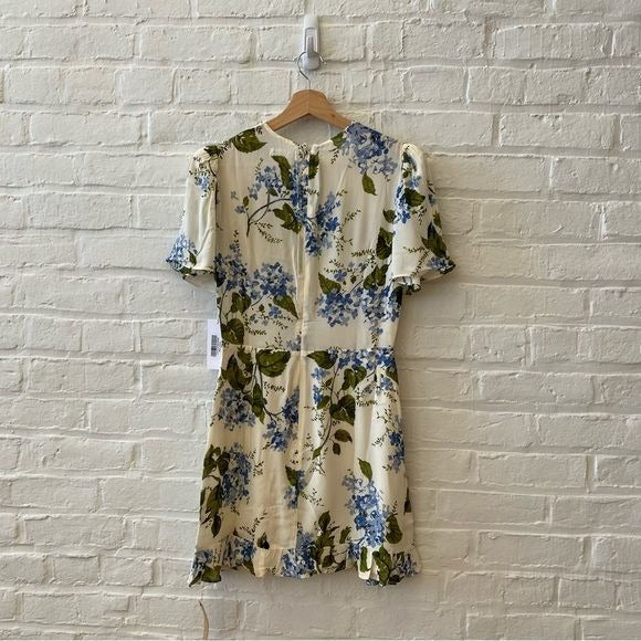 Reformation || Mya Dress in Riviera Cream Blue Floral Plunge Mini 6 NWT