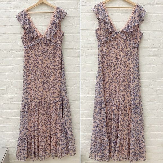 Lulu’s || Darling Daydream Blue and Pink Floral Print Ruffled Maxi Dress Large