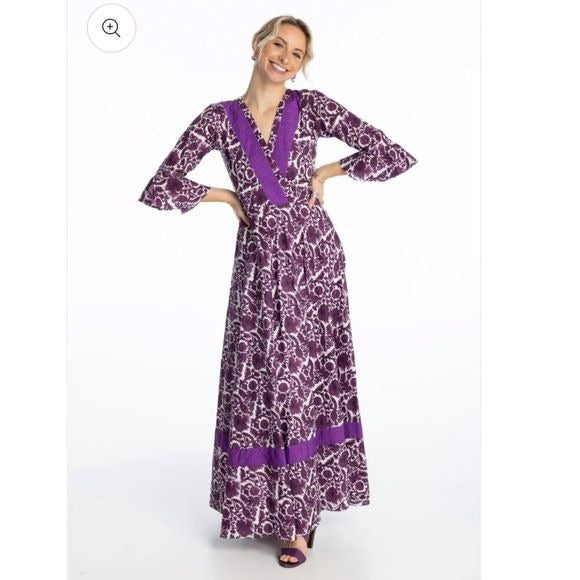 Anaya by Rose || Long-Sleeve Monkey Maxi Dress in Purple Birds Block Print L NWT