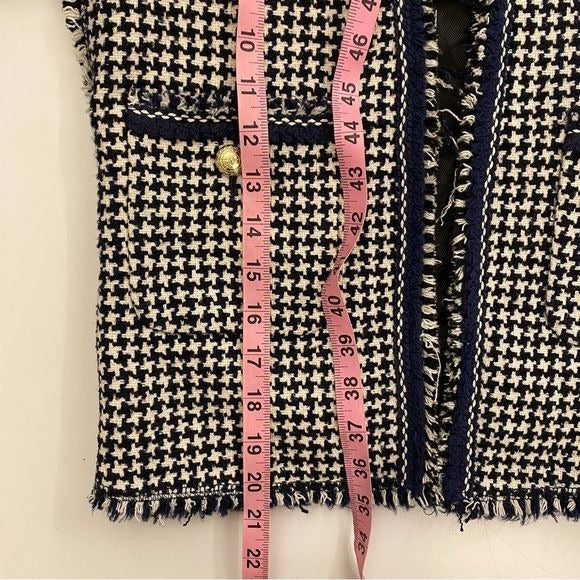 Zara || Houndstooth Tweed Fringe Blazer Navy Blue White Small