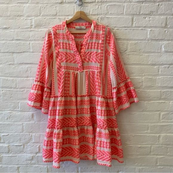 Devotion Twins || Embroidered Ella Tunic Dress A-Line Chevron Neon Pink M