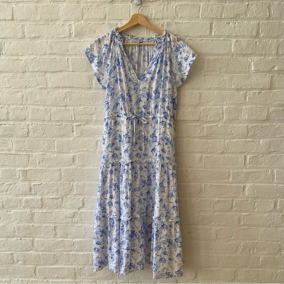 Rails || Juni Midi Dress V-neck Cinched Waist in Blue Blossoms White XS