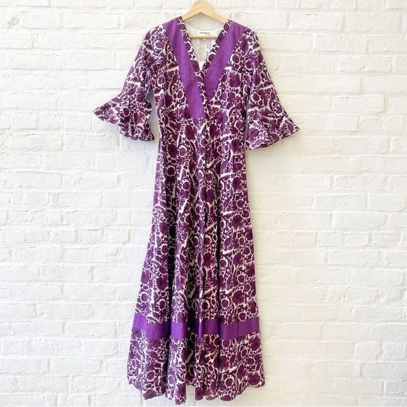 Anaya by Rose || Long-Sleeve Monkey Maxi Dress in Purple Birds Block Print L NWT