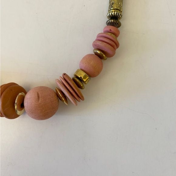 Chunky Pink Wooden + Gold Tone Beaded Necklace