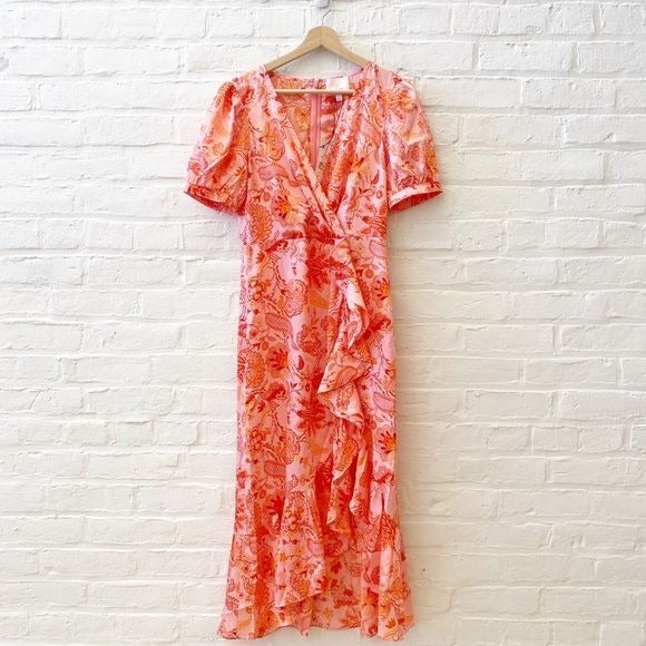 Cinq a Sept || Kay Ruffle Midi Dress English Rose Pink Orange Floral 4 NWT