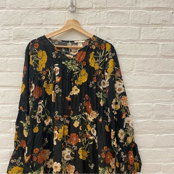 H&M || Fall Floral Long Sleeved Mini Dress Black 14