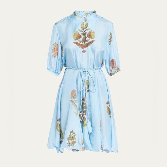 Hannah Artwear || Gaia Silk Puff-Sleeve Mini Dress Skyscape Blue Floral 1 NWT