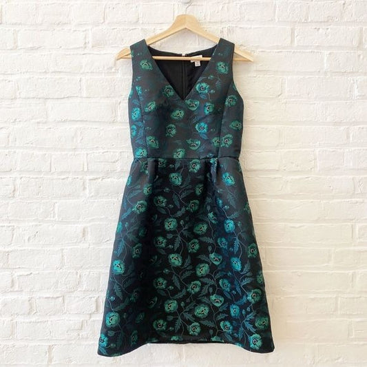 J. Crew || Jacquard V-neck Cocktail Dress Floral Green Black 2