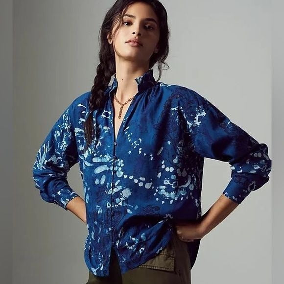 Anthropologie Pilcro Tavi Ruffle Blue Floral Blue Abstract Button Down Blouse