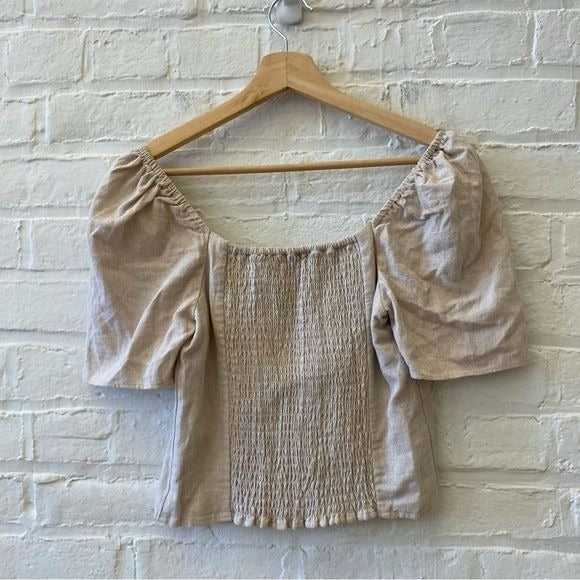 Abercrombie & Fitch || Linen Square Neck Puff Sleeve Top Smocked Tan Small NWT