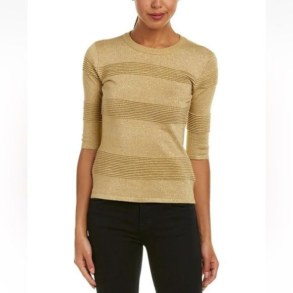 Endless Rose || Metallic Gold Striped Sweater Crew Neck Short Sleeve Small