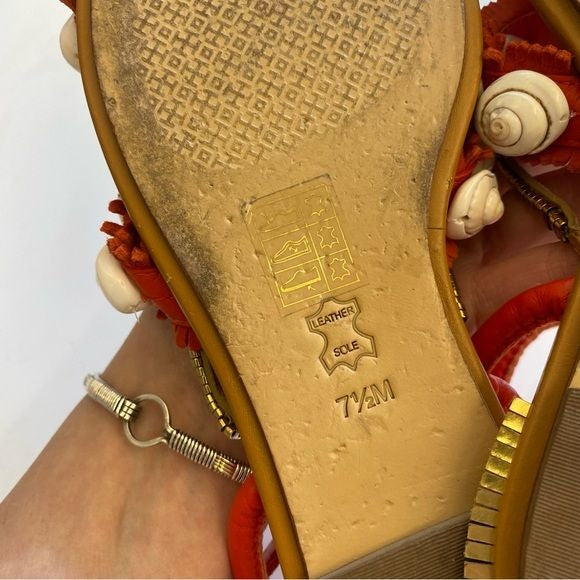 Tory Burch || Sinclair Seashell Sandal Strappy Fringe Gold Orange Red 7.5