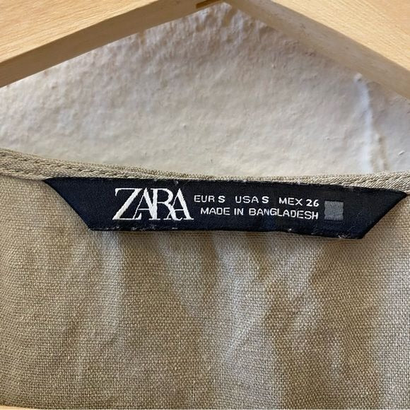 Zara || Tiered Mini Dress Puff Sleeve Linen Blend Khaki Olive Green Small