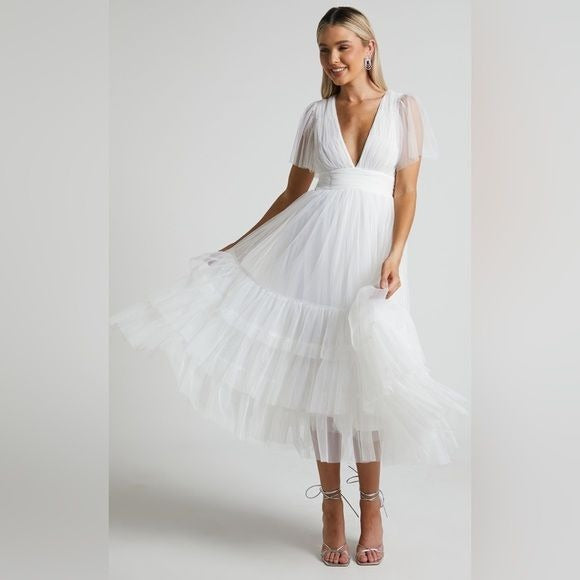 Showpo. || Jiraye Tulle Midi Dress Flutter Sleeve Bridal Tuelle White 4 NWT