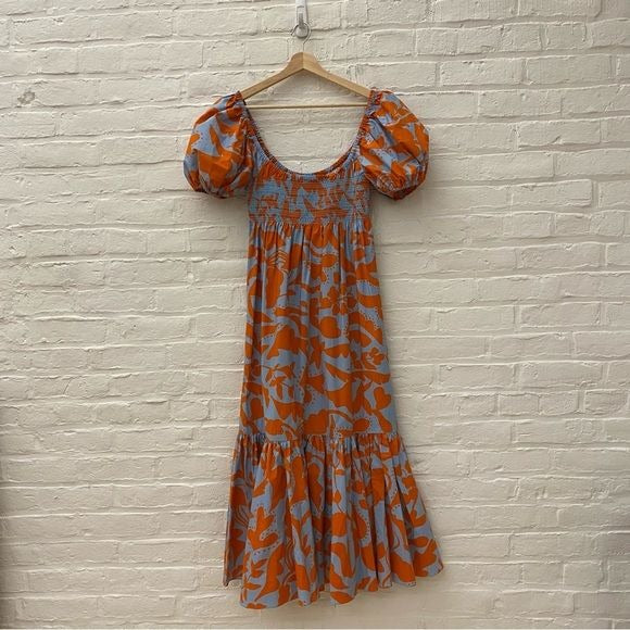 La Ligne || Amy Puff Sleeve Smocked Maxi Dress Periwinkle Tangerine Orange L NWT