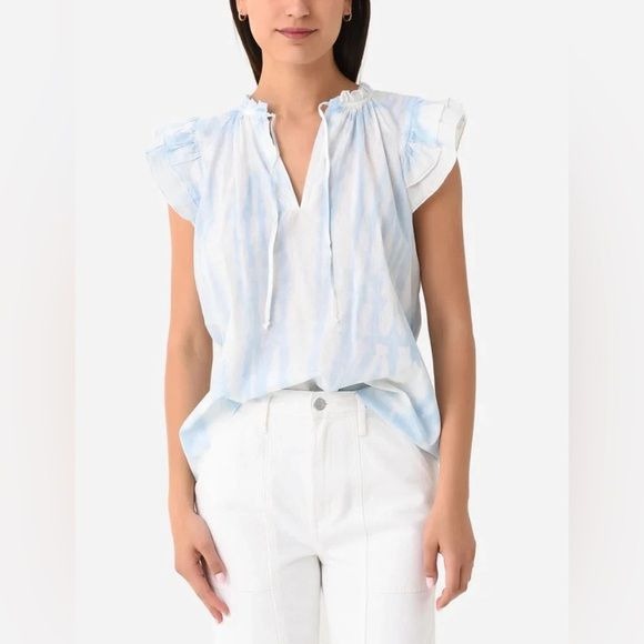 Stark X || Dreamy Top Blouse Chevron Cotton Poplin Ruffle Blue White Small NWT