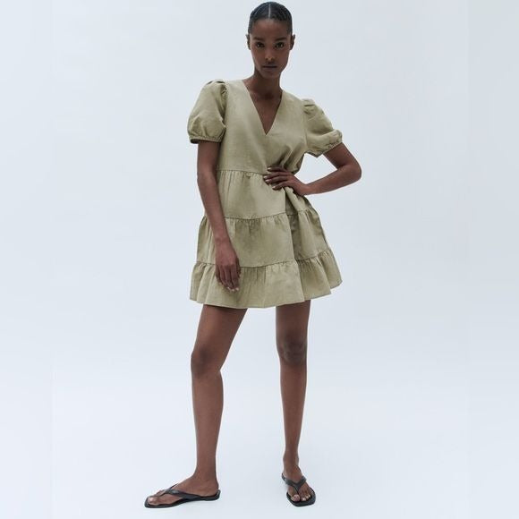 Zara || Tiered Mini Dress Puff Sleeve Linen Blend Khaki Olive Green Small