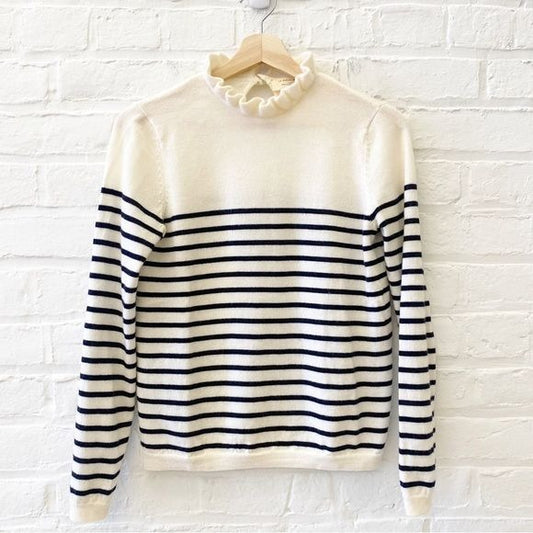 Sezane || Raphael Jumper Breton Stripe High Ruffle Neck Wool Ivory Navy Small