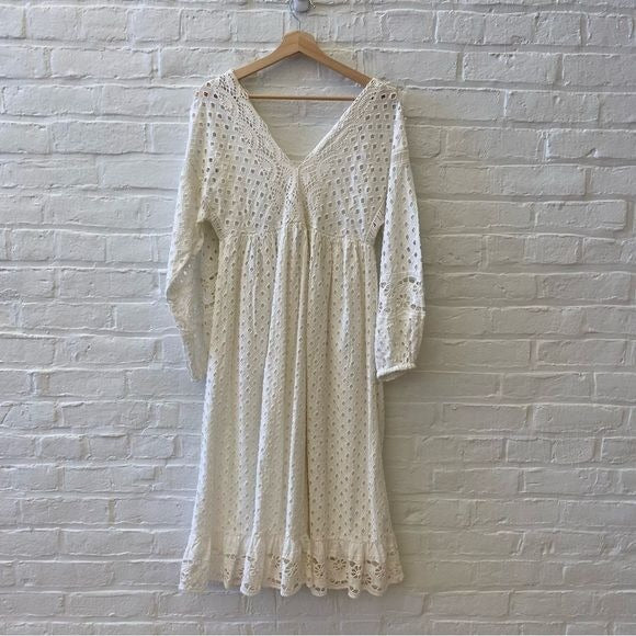 Anthropologie || Forever That Girl Lace Midi Dress Eyelet White Silver XS NWT