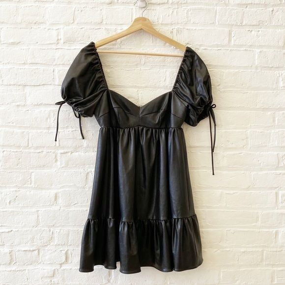 Amanda Uprichard || Sicily Babydoll Tiered Mini Dress Faux Leather Black Small