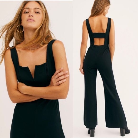 Free People || Serena Sleeveless Open Back Jumpsuit Flares Black Small