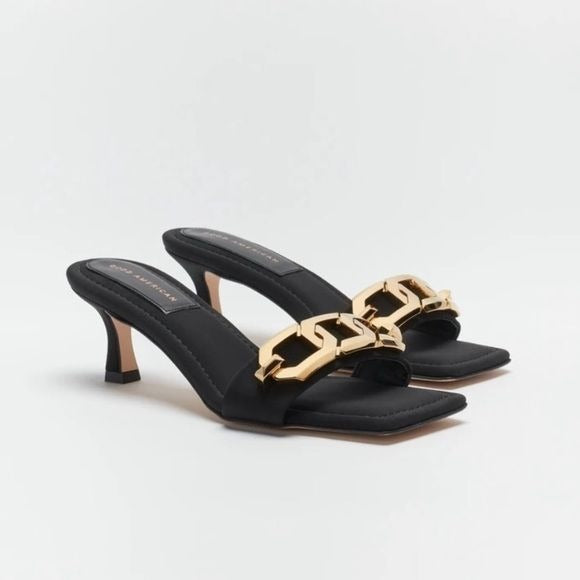 Good American || Single Strap Chain Mule Sandals Heels Black Gold 7.5