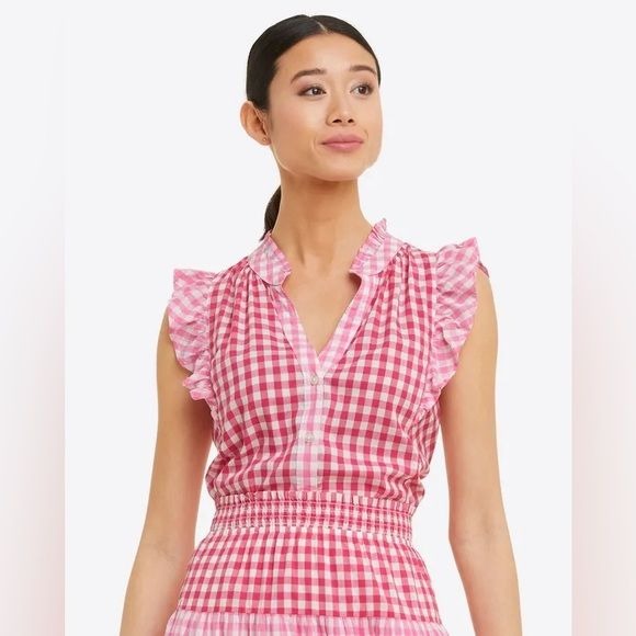 Draper James || Sleeveless Ruffle Button Down Gingham Top in Pink White XS