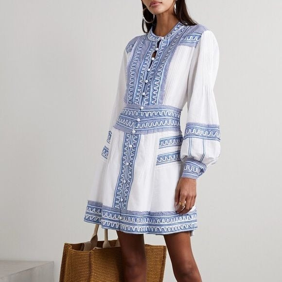 Veronica Beard || Pasha Linen Blend Fit + Flare Mini Dress White Blue 8