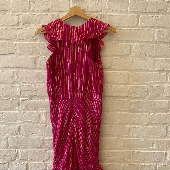 SALONI || Rita Silk Ruffled Gown Metallic Maxi Dress Magenta Pink US 4