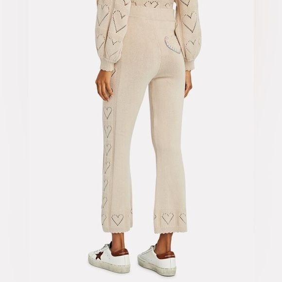 LoveShackFancy || Toro Pointelle Knit Pants Heart Embroidery Ivory Beige Small