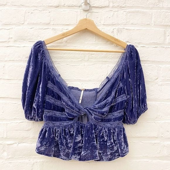 Free People || Yours Truly Velvet Lace Keyhole Sweetheart Top Wild Moon Blue XS