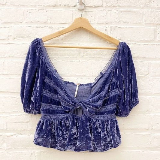 Free People || Yours Truly Velvet Lace Keyhole Sweetheart Top Wild Moon Blue XS