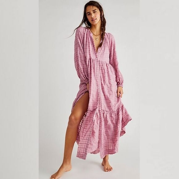 Free People || Edie Dress Long Sleeve Button Down Maxi in Light Pink Purple XL