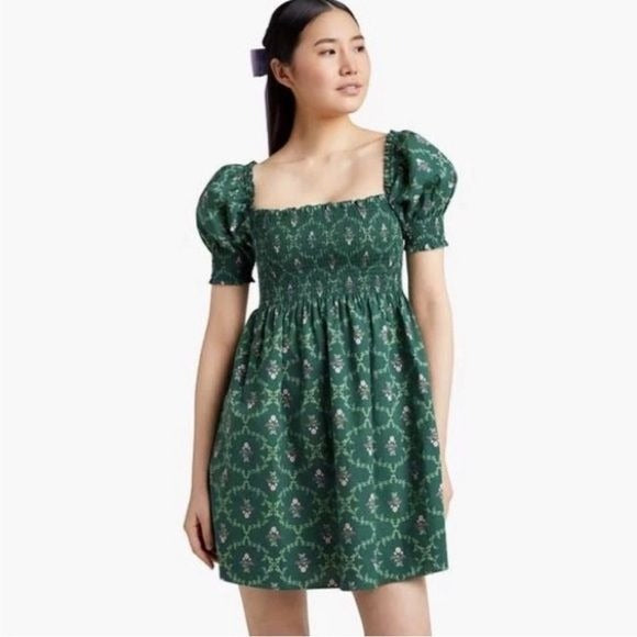 Hill House Home || Athena Nap Dress Emerald Trellis Green Floral Mini Small